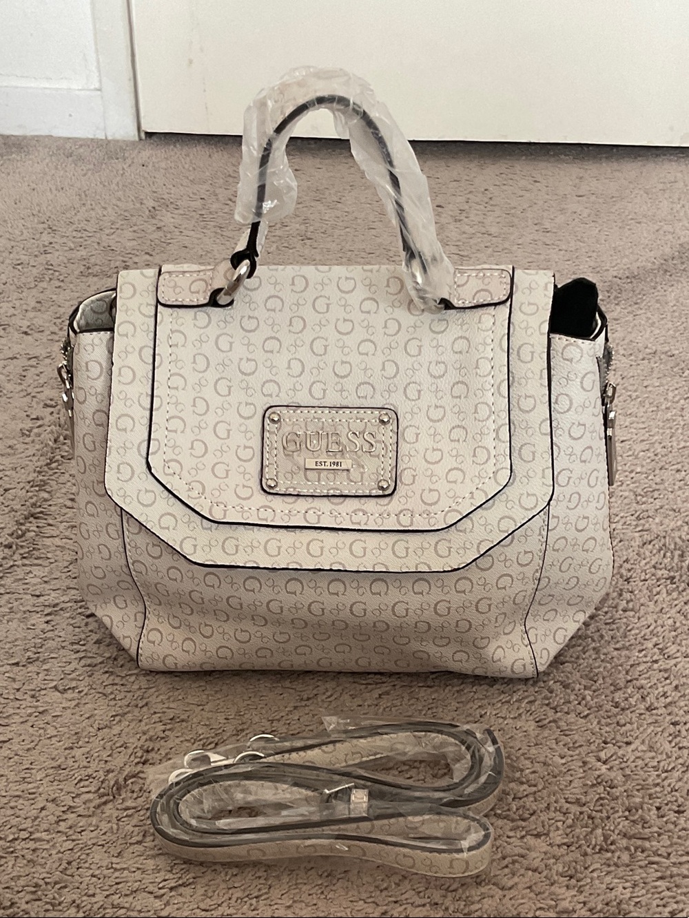 GUESS Cream Monogram Satchel with Top Handle and Shoulder Strap